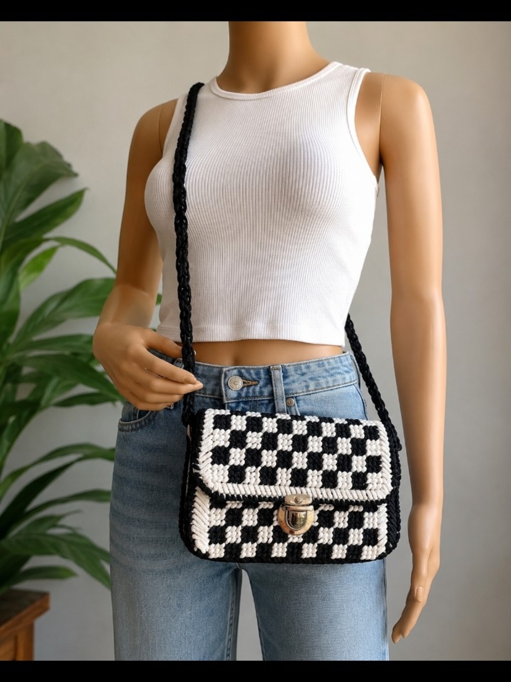 Black & White Checkered Crochet Crossbody Bag